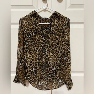 Express Shirt Leopard Print Button Up Blouse SZ XS Long Roll Tab Sleeve
